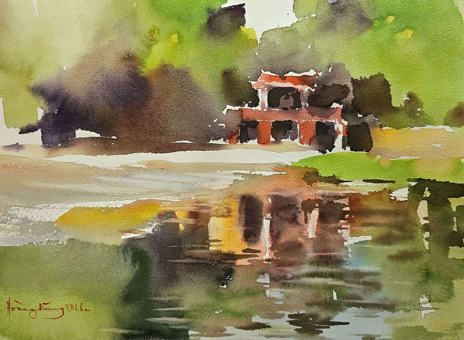 Trước chùa Diệu Đế là dòng Đông Ba êm ả - ký họa của KTS Hoàng Dũng