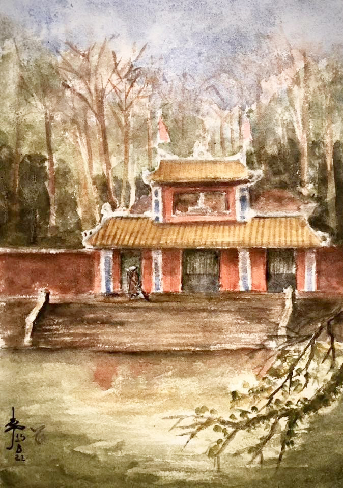 Cổng chùa Diệu Đế được thiết kế theo lối xưa, bên dưới có ba cửa (tam quan), bên trên có tầng lầu thờ Hộ pháp - ký họa của KTS Nguyễn Văn Thiện Quân