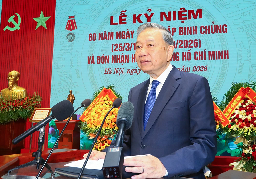 Tổng Bí thư Tô Lâm phát biểu chỉ đạo tại buổi lễ. Ảnh: MOD. tong-bi-thu-xay-dung-luc-luong-cong-binh-tinh-gon-manh-hien-dai-2.crdownload