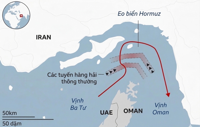 Lộ trình di chuyển của tàu dầu Pakistan qua eo biển Hormuz hôm 15/3. Đồ họa: BBC