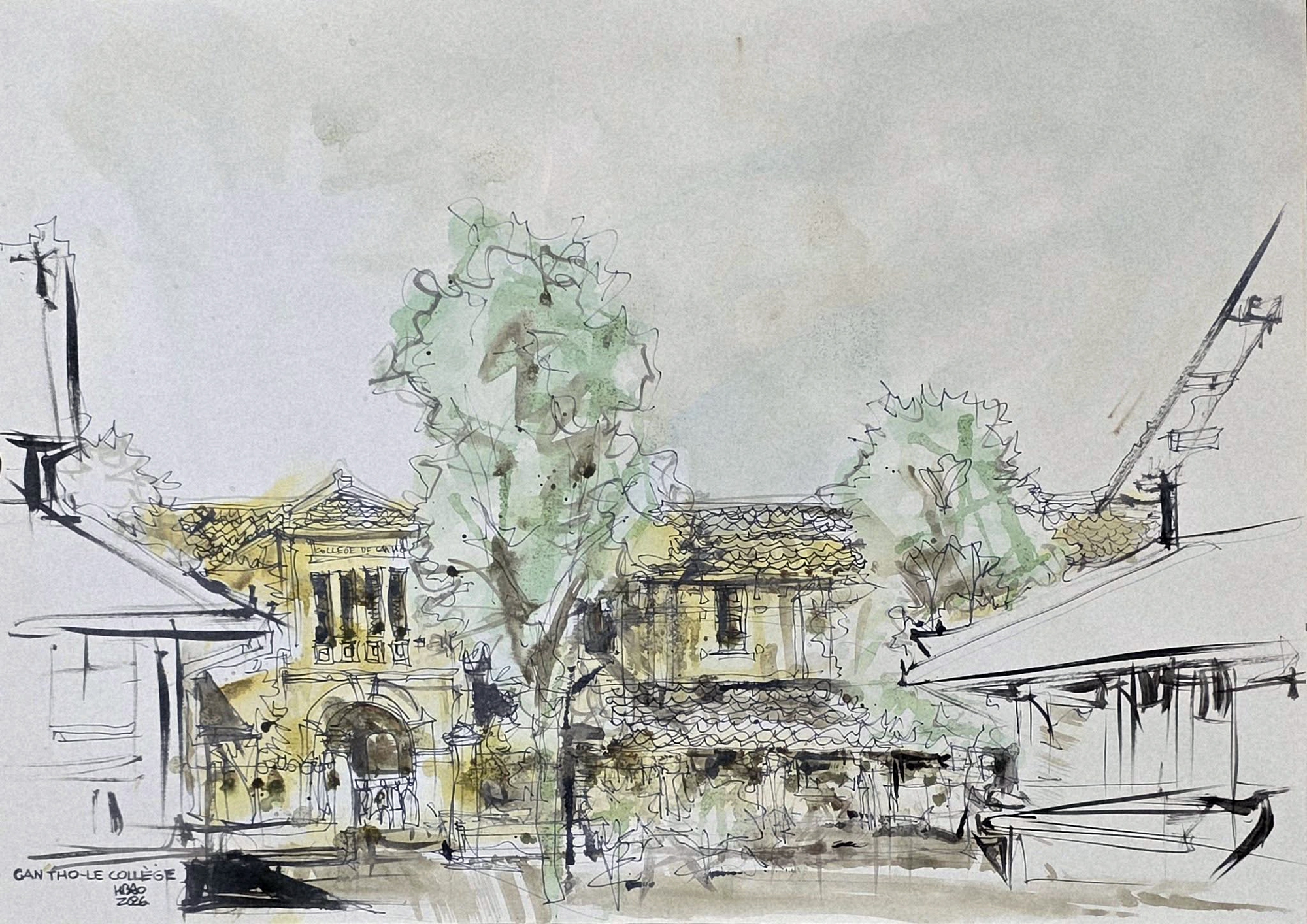 Lúc mới thành lập đầu thế kỷ 20, trường có tên "Collège de Can-Tho" - ký họa của KTS Bùi Hoàng Bảo