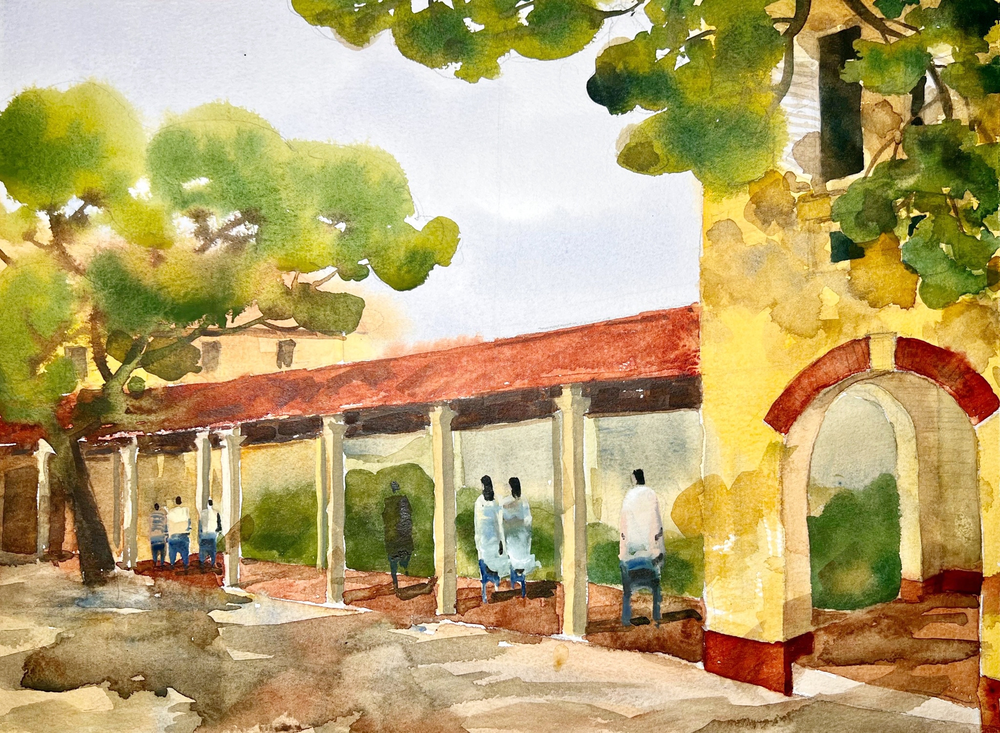 Hành lang nối liền 2 khối lớp rợp bóng cây - ký họa của KTS Duy Huỳnh