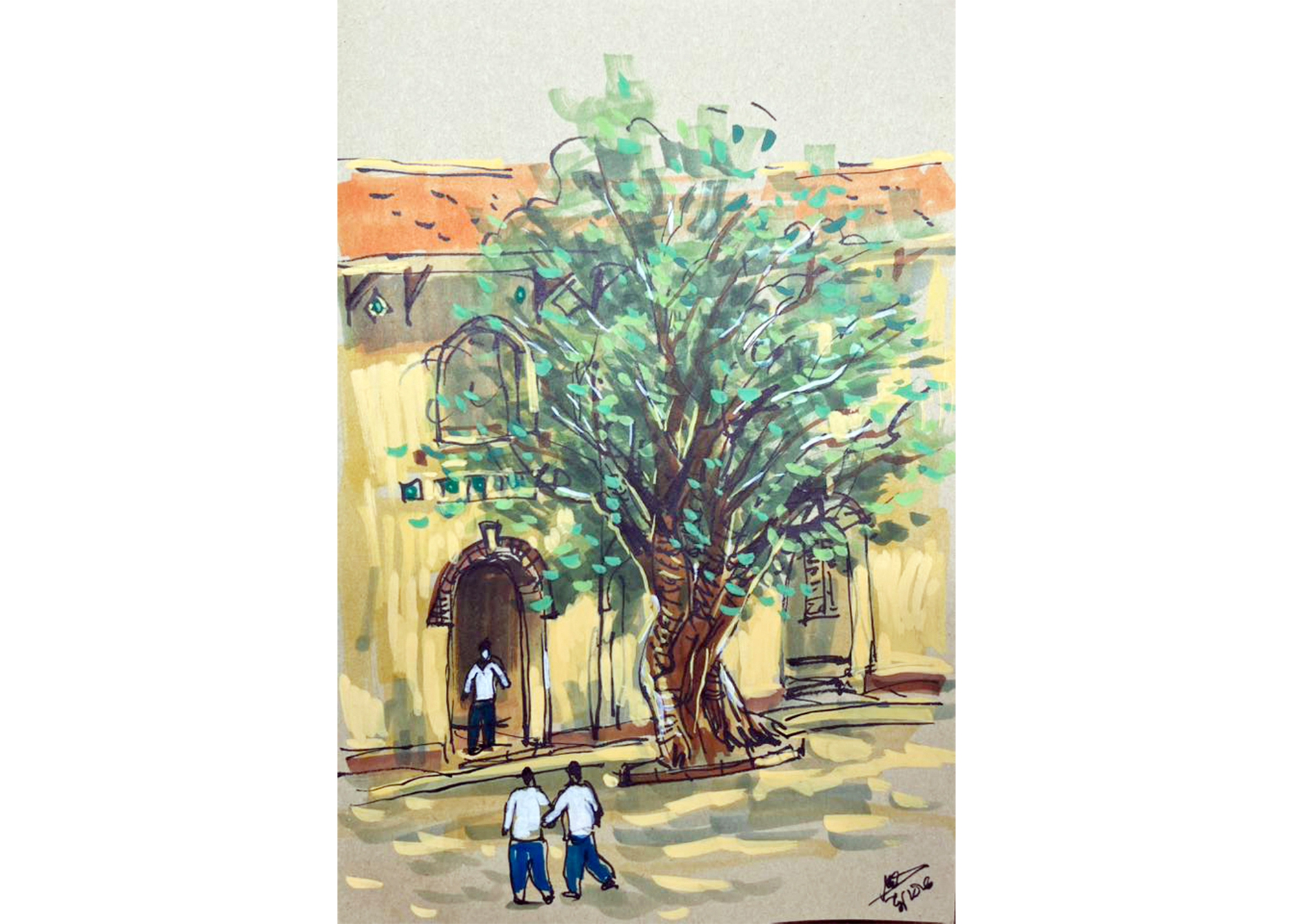 Sân trường THPT Châu Văn Liêm - ký họa của họa sĩ Trần Bình Minh