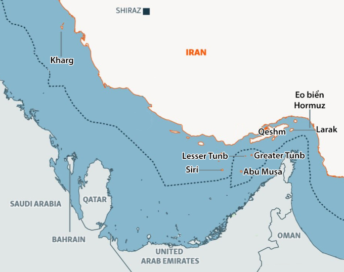 Vị trí các đảo chiến lược của Iran. Đồ họa: Open Street Maps