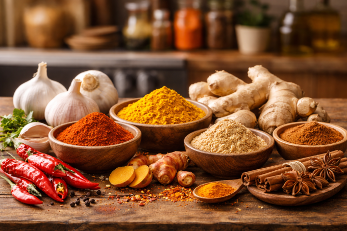 Tỏi, gừng hỗ trợ lưu thông máu, góp phần hạn chế cục máu đông. Ảnh được tạo bởi AI