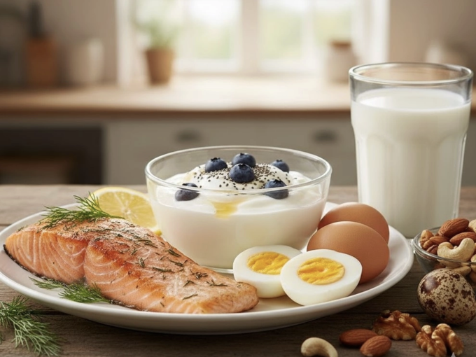 Bữa sáng chỉ nên nạp khoảng 14 g đạm, đồng thời giảm khẩu phần ăn tối để giảm áp lực cho các cơ quan nội tạng. Ảnh được tạo bởi AI