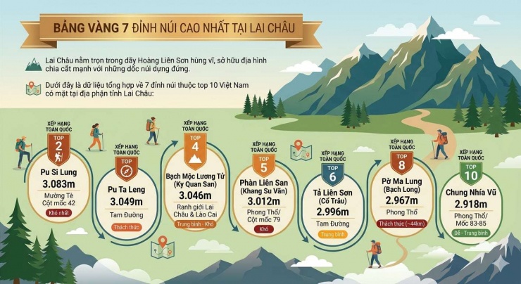 Tỉnh Lai Châu tự hào sở hữu 7/10 ngọn núi cao nhất Việt Nam và Đông Nam Á với độ cao từ hơn 2.900m đến trên 3.000m. Ảnh tạo AI