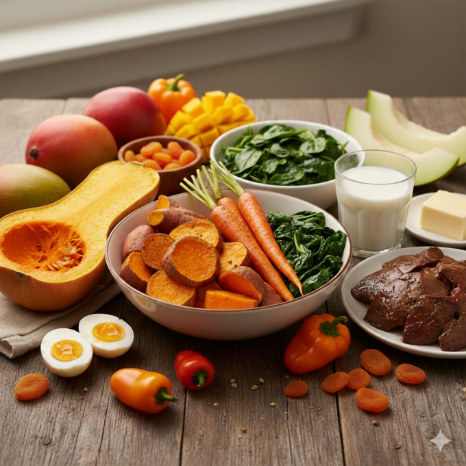 Thực phẩm chứa nhiều vitamin A, E tốt cho sức khỏe thị lực. Ảnh được tạo bởi AI