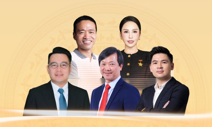 5 doanh nhân trúng cử HĐND cấp tỉnh nhiệm kỳ 2026-2031 (hàng trên, từ trái qua): Lê Hồng Minh, Lê Nữ Thùy Dương, Nguyễn Duy Chính, Mai Hữu Tín, Đỗ Vinh Quang. Ảnh: Anh Tú