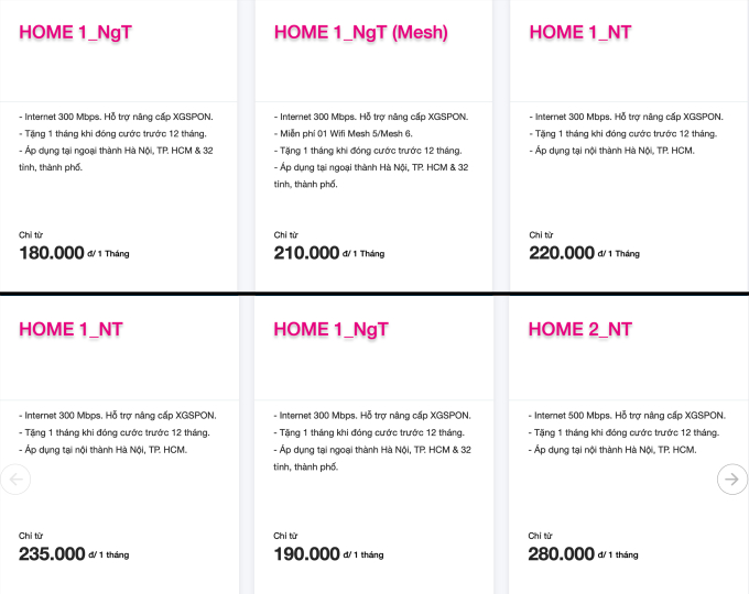 Giá thuê bao Internet tháng của một nhà mạng trước thay đổi (ảnh trên) và hiện tại. Ảnh chụp màn hình