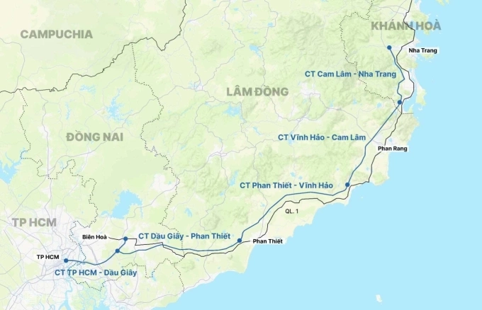 Hướng tuyến các đoạn cao tốc kết nối TP HCM với Nha Trang. Đồ họa: Tâm Thảo