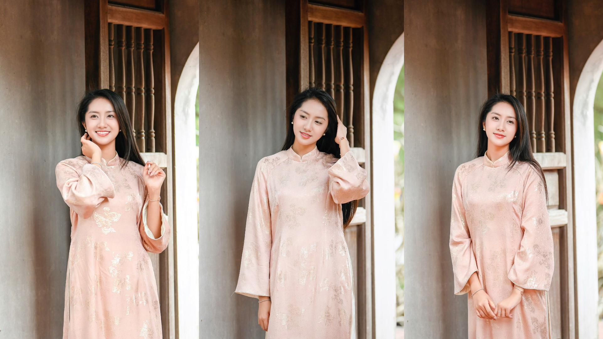 Các người đẹp Hoa hậu Việt Nam check-in tại ngôi chùa 2.000 năm tuổi ở Bắc Ninh 1 Hoa hậu Hà Trúc Linh diện áo dài lụa tông hồng phấn, thiết kế tối giản, cổ cao truyền thống và tay dài kín đáo. Chất liệu mềm rủ, bề mặt ánh kim tạo cảm giác thanh lịch, phù hợp không gian di tích cổ kính.
