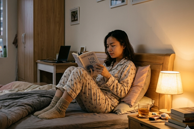 Đọc sách có thể giúp buồn ngủ nhanh. Ảnh: AI