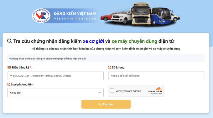 Giao diện tra cứu thông tin chứng nhận đăng kiểm điện tử trên website. Ảnh chụp màn hình