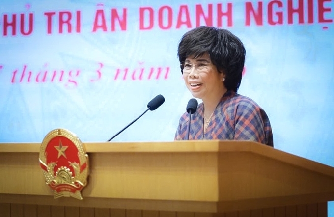 Bà Thái Hương phát biểu trước Thủ tướng tại Hội nghị sáng 27/3. Ảnh: M.H