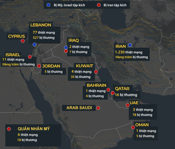 Thương vong trong xung đột ở Iran, tính đến ngày 5/3. Đồ họa: Aljazeera