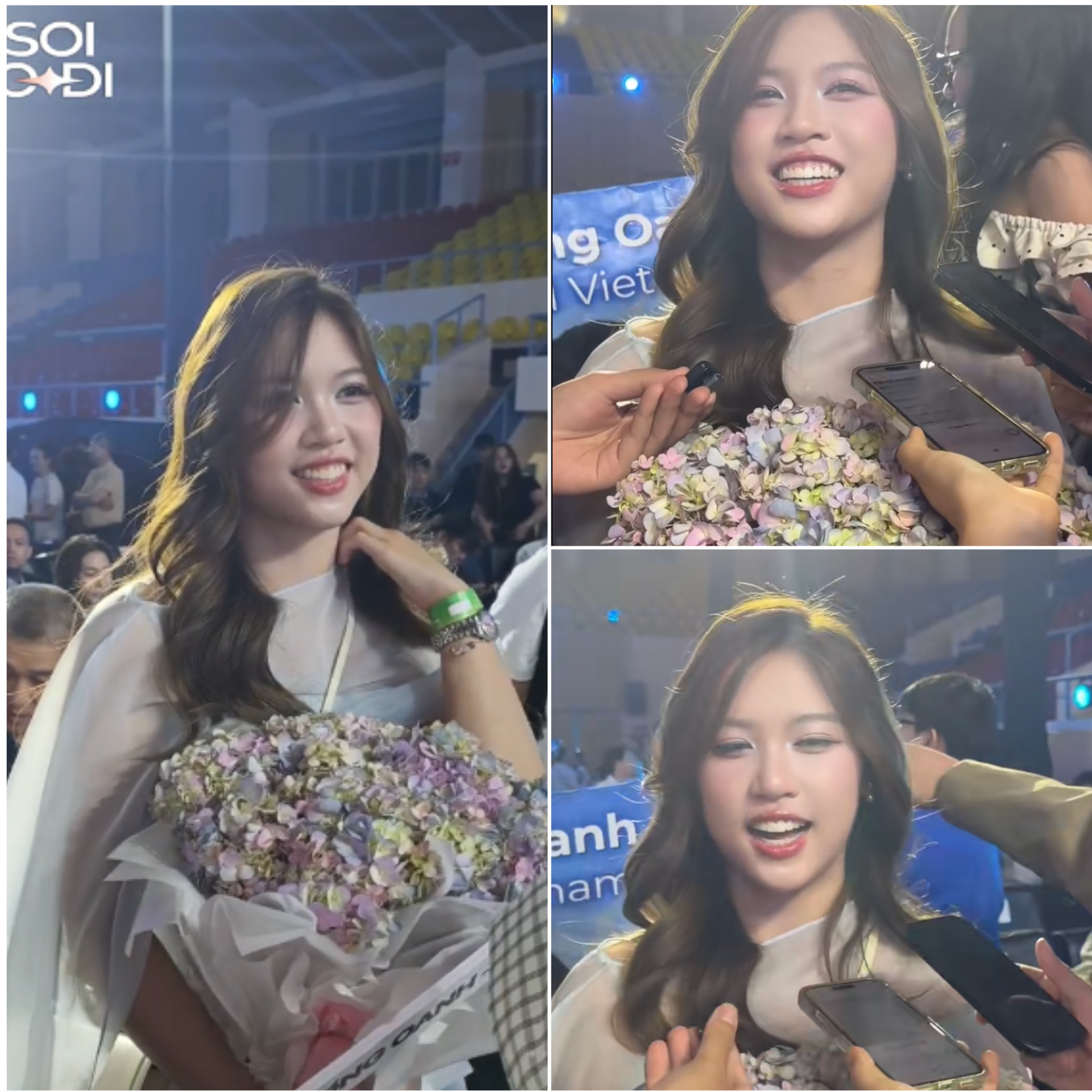 Hoàng Yến - chị gái sinh đôi của Hoa hậu Phương Oanh - diện bộ váy thanh lịch, trang điểm nhẹ nhàng.