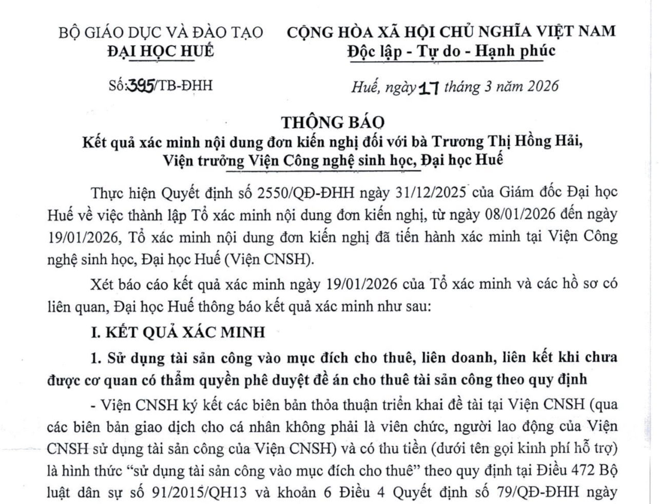 Đại học Huế kết luận sai phạm tại Viện Công nghệ sinh học - Ảnh 1.