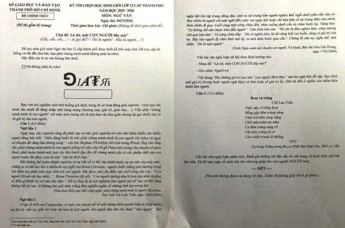 Đề thi học sinh giỏi Văn lớp 12 của TP HCM, kỳ thi ngày 4/3. Ảnh: Lam Thanh