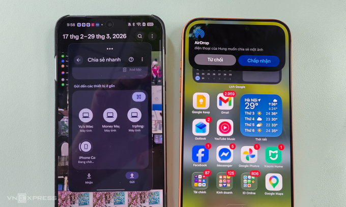 Chuyển ảnh qua AirDrop từ Oppo Find X9 Pro sang iPhone 17 Pro Max. Ảnh: Tuấn Hưng