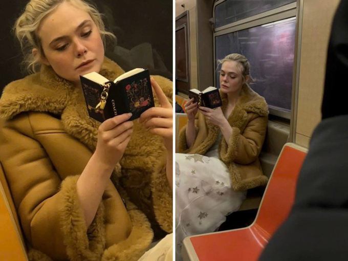 Elle Fanning đọc sách phiên bản tí hon trên tàu điện ngầm. Ảnh: Instagram Lit Girl