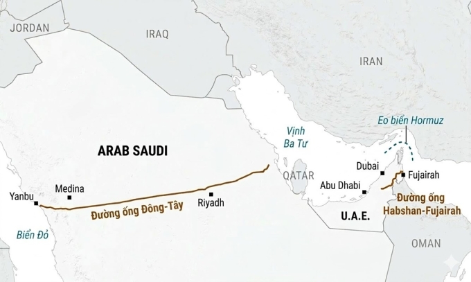 Vị trí đường ống Đông - Tây và đường ống Habshan-Fujairah. Đồ họa: WSJ