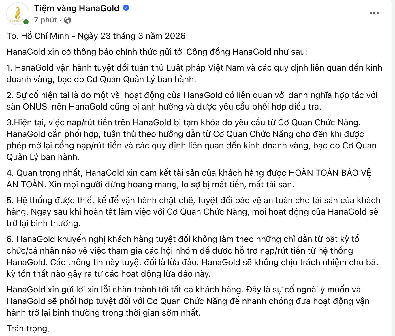 Hana Gold gửi lời xin lỗi đến các nhà đầu tư 1 img