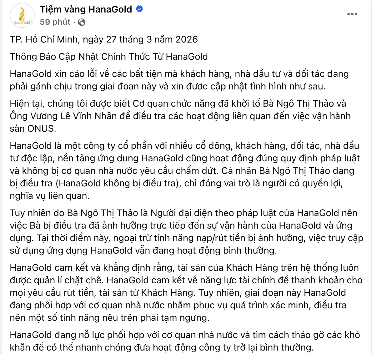 Hana Gold lên tiếng sau khi CEO Hana Ngô vướng vòng lao lý 1 Hana Gold lên tiếng về hoạt động sau khi CEO Hana Ngô bị bắt - Ảnh 1.