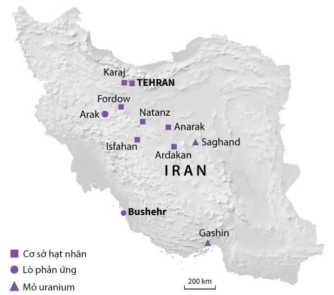 Vị trí các cơ sở hạt nhân Iran. Đồ họa: AFP