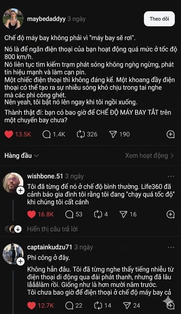 Lên máy bay phải bật chế độ máy bay? Cư dân Threads bình luận sôi nổi, có phi công khẳng định Lên máy bay phải bật chế độ máy bay? Cư dân Threads bình luận sôi nổi, có phi công khẳng định