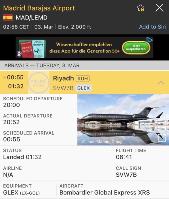 Dữ liệu của Flightradar24 cho thấy chuyên cơ Bombardier Global Express 6500 của Ronaldo đã di chuyển từ Riyadh ở Arab Saudi đến Madrid ở Tây Ban Nha.