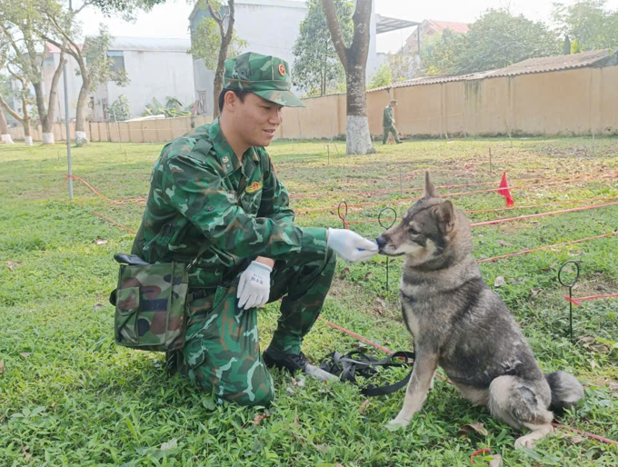 Thiếu tá Thọ và chú chó lài bản sông Mã tên Tôm - một trong 5 chú chó bản địa được nhà trường tiếp nhận từ Trung tâm Nhiệt đới Việt- Nga để đưa vào huấn luyện tìm kiếm bom mìn. Ảnh: Phong Linh