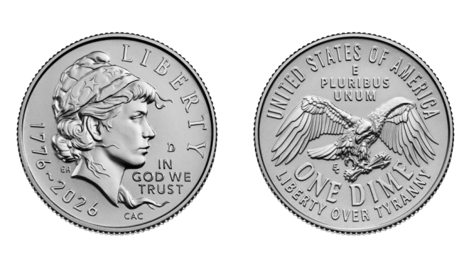 Thiết kế đồng 10 cent kỷ niệm 250 năm Mỹ lập quốc. Ảnh: Hill