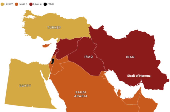 Cảnh báo đi lại của Mỹ tại các nước Trung Đông. Đồ họa: US News