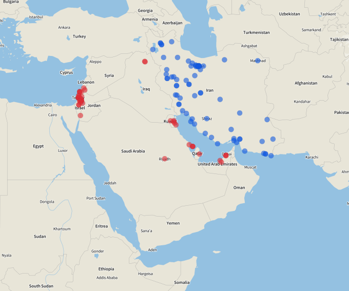 Loạt đòn tập kích qua lại trong chiến sự Iran. Nguồn: ACLED (Bấm vào hình để xem chi tiết)
