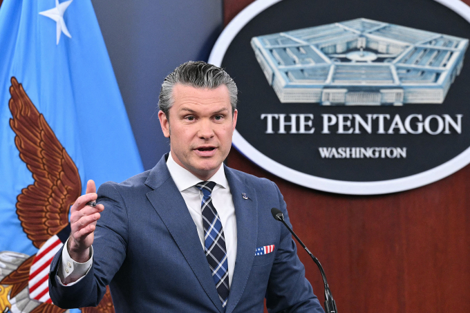 Bộ trưởng Quốc phòng Mỹ Pete Hegseth tại cuộc họp báo ở Lầu Năm Góc ngày 19/3. Ảnh: AFP