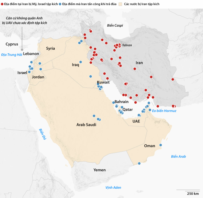 Các mục tiêu bị tập kích tại Trung Đông trong xung đột giữa Mỹ - Israel và Iran tính đến ngày 3/3. Đồ họa: CNN