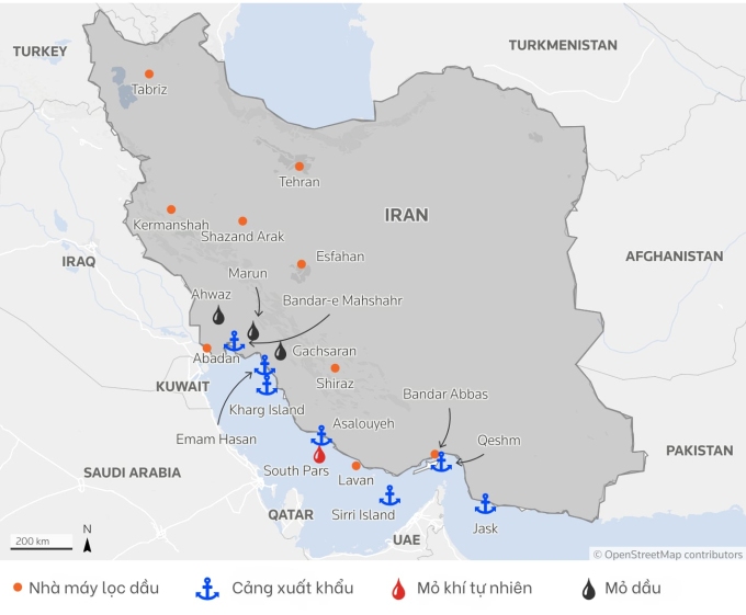 Cơ sở hạ tầng năng lượng và các điểm khai thác chính tại Iran. Đồ thị: LSEG, Reuters
