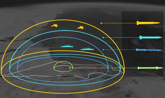 Lưới phòng không đa tầng bảo vệ lãnh thổ Israel. Bấm vào để xem chi tiết