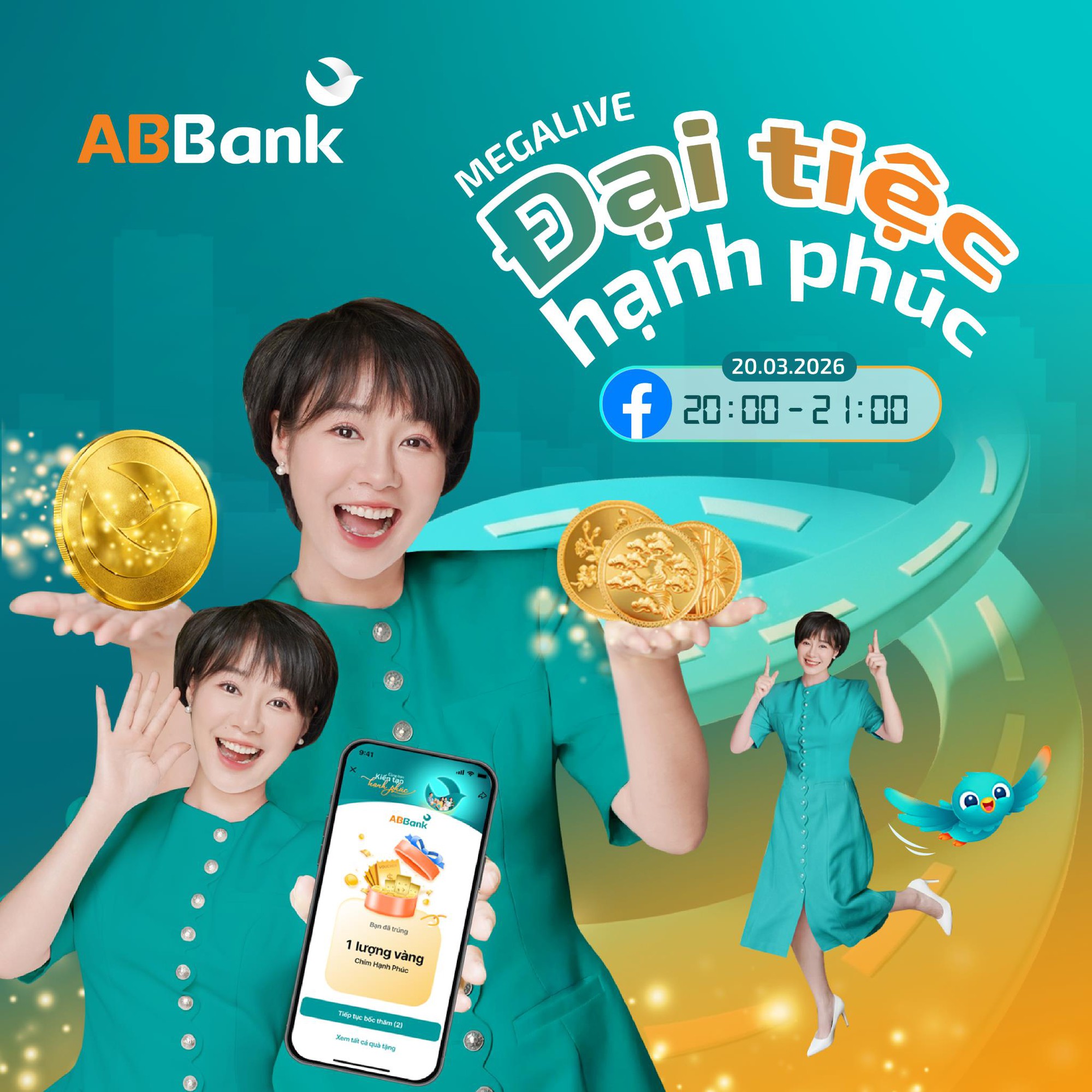 “Đại tiệc Hạnh phúc” ABBank đổ bộ 20/3: Nhân đôi cơ hội trúng vàng 24k cùng “mưa” quà tặng- Ảnh 1. “Đại tiệc Hạnh phúc” ABBank đổ bộ 20/3: Nhân đôi cơ hội trúng vàng 24k cùng “mưa” quà tặng- Ảnh 1.