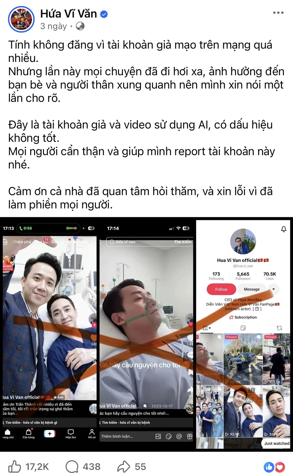 Fanpage của diễn viên Hứa Vĩ Văn chia sẻ những hình ảnh bị giả mạo từ công nghệ AI. Ảnh chụp màn hình. IMG_1641.jpeg