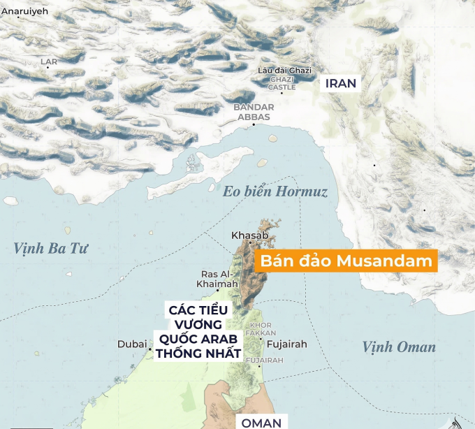 Vị trí bán đảo Musandam và eo biển Hormuz. Đồ họa: Al Jazeera