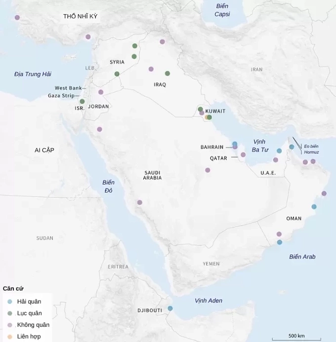 Những nơi Mỹ có hiện diện quân sự ở 6 nước Vùng Vịnh và khu vực Trung Đông nói chung. Đồ họa: AFP