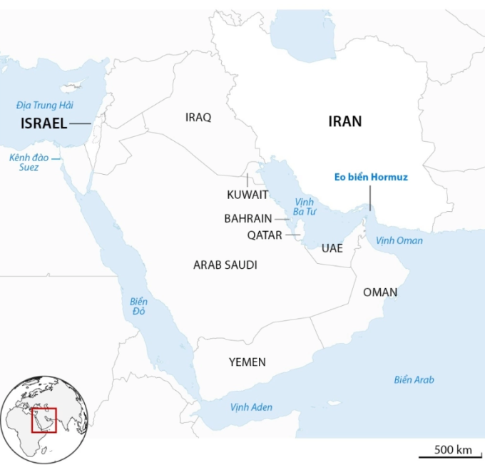 Iran, eo biển Hormuz và các nước Trung Đông. Đồ họa: Guardian
