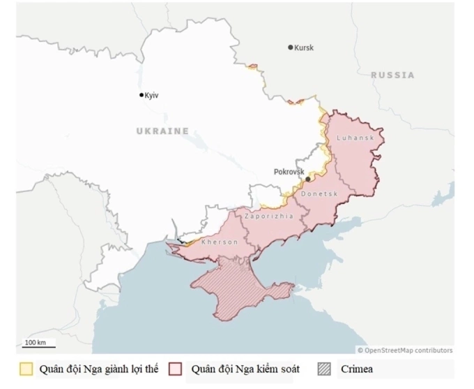 Các vùng lãnh thổ Nga kiểm soát tại Ukraine tính đến tháng 2/2026. Đồ họa: CBC
