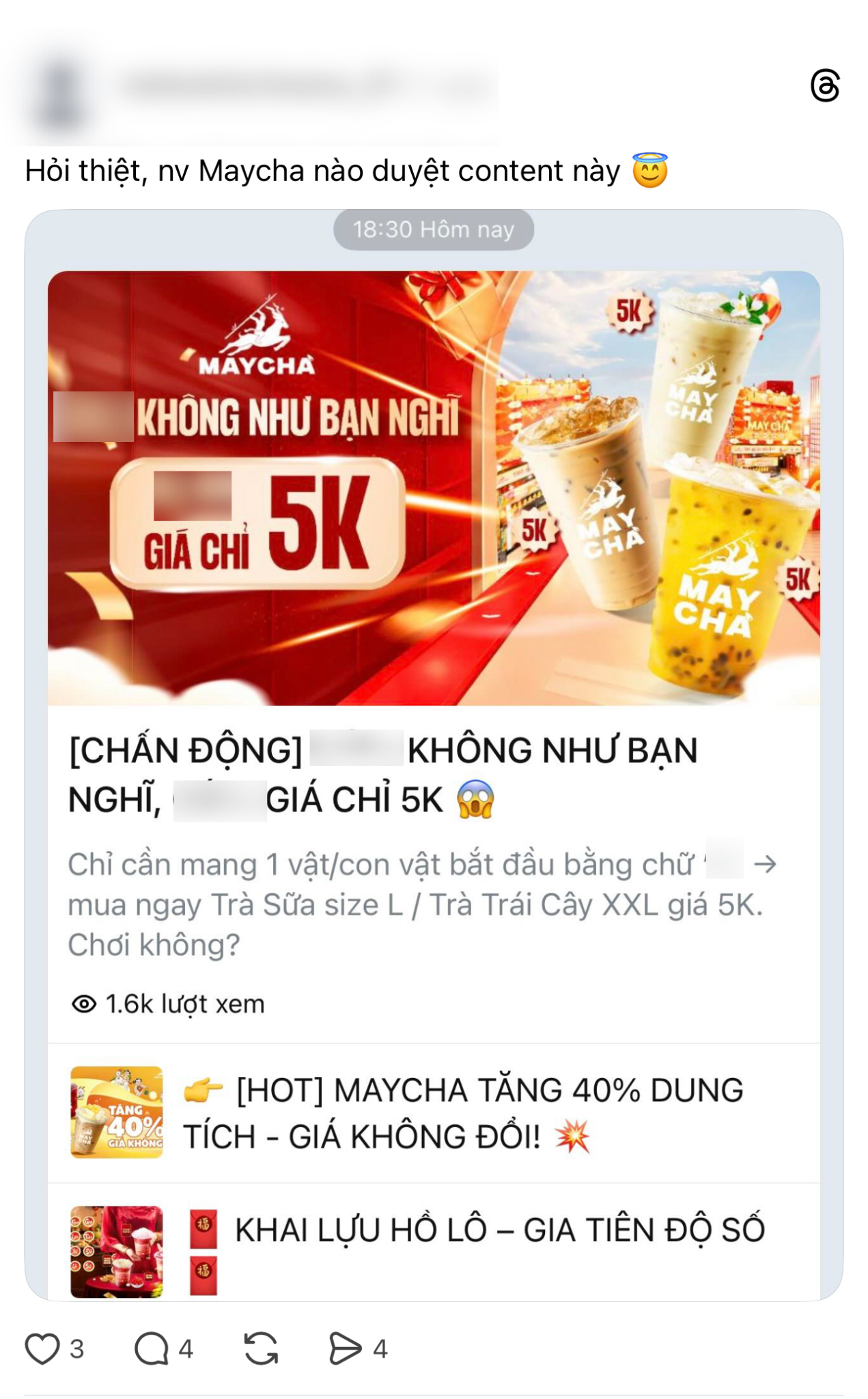 Quảng cáo trà sữa trên Zalo nhưng chơi chữ phản cảm, MayCha nói gì?- Ảnh 3.