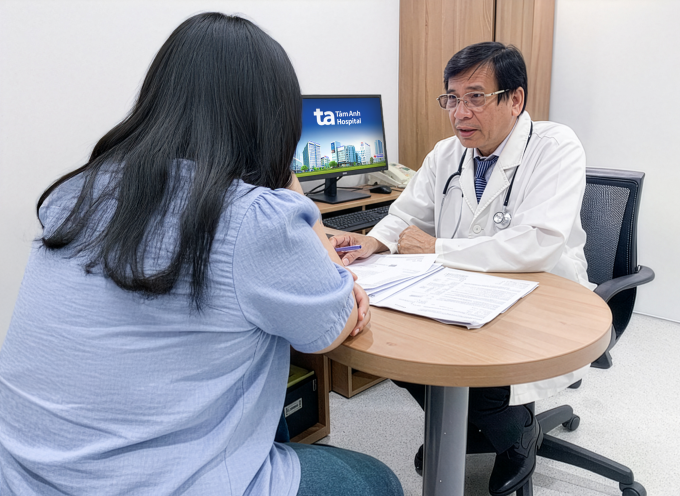 Bác sĩ Hoàng tư vấn liệu trình giảm cân cho chị Giang. Ảnh: Bệnh viện Đa khoa Tâm Anh