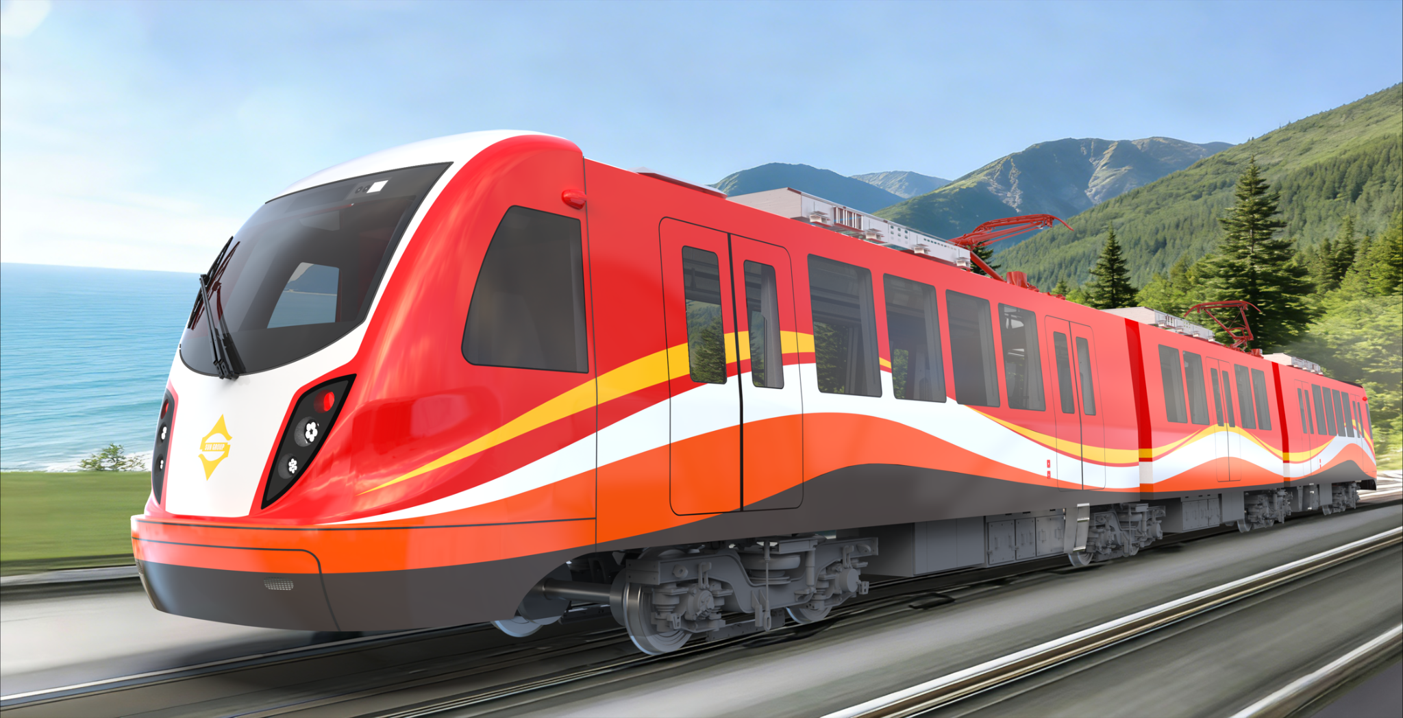 Diện mạo tàu điện lấy tông đỏ chủ đạo.