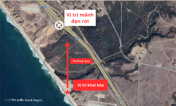 Vị trí mảnh đạn pháo rơi xuống cao tốc Interstate 5 ở California. Đồ họa: ABC7