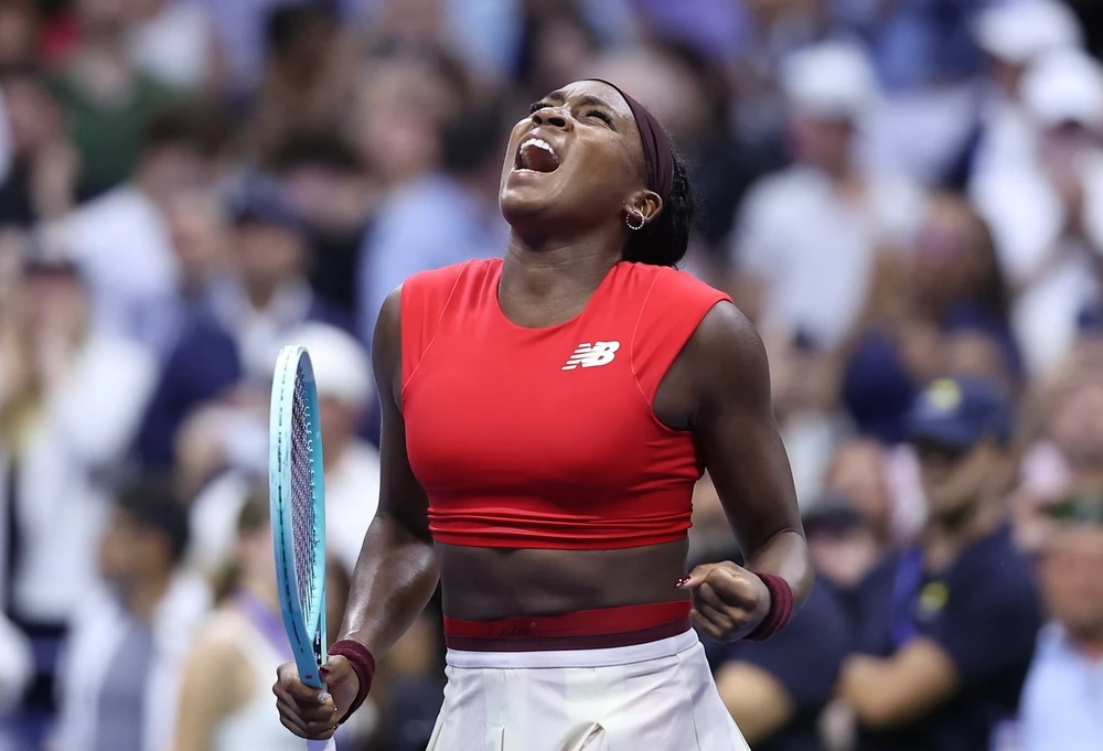 Coco Gauff vui mừng sau chiến thắng chật vật. Ảnh: RG vô địch Mỹ mở rộng